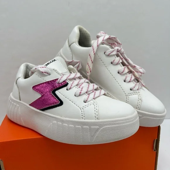 Geox Kids White Leather Sneakers with Pink Lightning Bolt with orthopedic insole - Picture 13 of 16